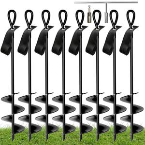 MIXC 18 Inch Heavy Duty Ground Anchors Screw in, 8 Pack Spiral Trampoline Stakes with Straps, Drill Adapter and Upgraded T-Wrench, 2.76'' Wider Blades for Swing Set, Shed, Carport, Mobile Home