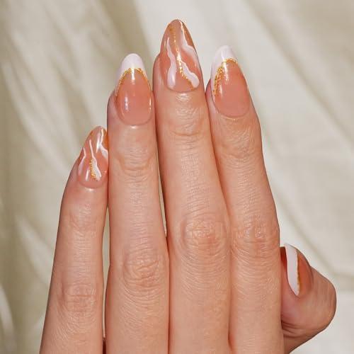 Press on Nails Short Almond French Tip Fake False Nails with Designs Glitter Gold Stick on Nails Glossy Glue on Nails Acrylic Nails for Women Girls 30 Pcs