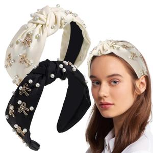 panthra 2 PCS Knotted Headband, Cute Knotted Headband for Women, Non Slip Top Knot Headbands, Thick Elastic Hairband, Black Hair Accessories