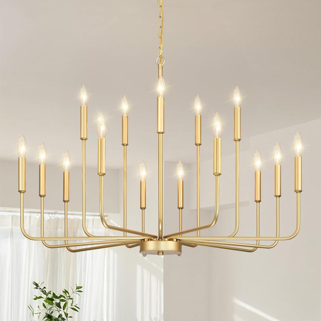 Gold Chandeliers for Dining Room Light Fixture Over Table, Modern Farmhouse Chandeliers for Living Room,15-Lights Industrial Metal Candle Lighting Fixtures for Entryway Kitchen Island Foyer