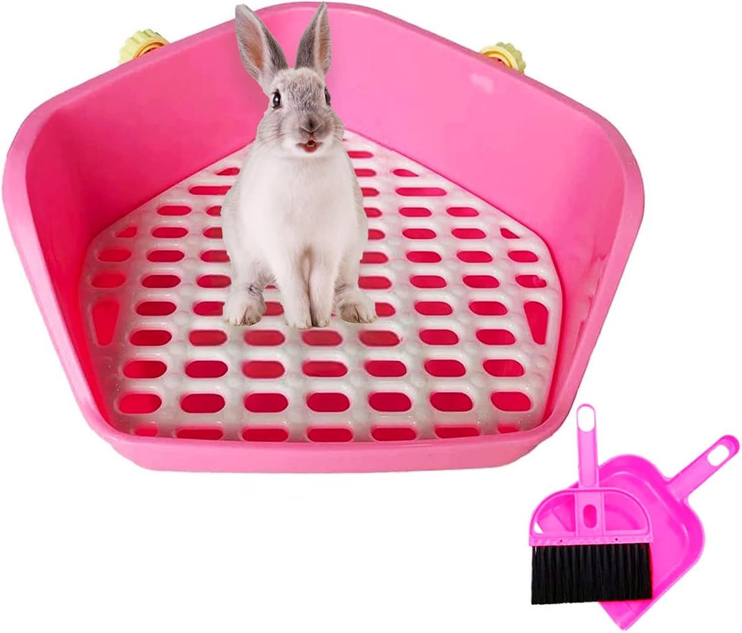 kathson Rabbit Litter Box Pet Toilet Cage Box Potty Trainer Corner with Small Animal Cage Cleaner Broom Brush Dustpan for Bunny Chinchilla Guinea Pig Ferret (Pink)