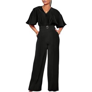 HWP Dressy Jumpsuits for Women Elegant One Piece Jumpsuits V-Neck Ruffle Short Sleeve Wide Leg Ladies Jumpsuit Rompers L