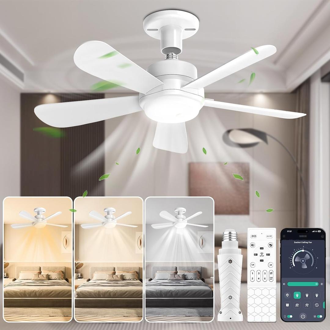 Socket Fan Light with APP & Remote, 22-in Screw-in Ceiling Fan for E26 Base, 3 Color Tones Adjustable, Reversible Motor for Home Bedroom Living Room Kitchen Garage (White)
