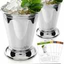 Gusto Nostro Mint Julep Cups Set of 2 - Stainless Steel Julep Cup Kit with Straws, Muddler, Spoon,Recipes, Vases - Southern-style Cocktail Glasses for Home Bar - Stainless Steel Cocktail Cups (Silver)