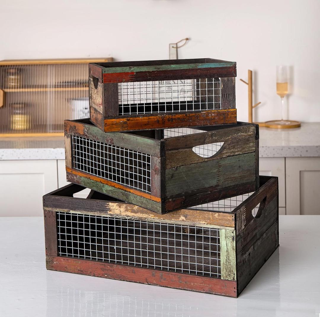 TIMRIS Set of 3 Rustic Wood Nesting Crates, Farmhouse Distressed Wooden Storage Boxes, Decorative Reclaimed Wood Organizer Baskets with Wire Mesh 