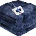 Sealy Electric Blanket Twin Size, Faux Fur & Flannel Heated Blanket with 10 Heating Levels & 1-12 Hours Auto Off, Fast Heating Blanket, Machine Washable, Navy Blue, 62x 84 Inch (Indigo)