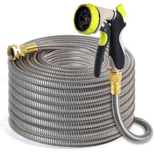 Metal Garden Hose 25 ft  304 Stainless Steel Water Hose with Nozzle Sprayer, Garden Hoses Flexible, Lightweight, No Kink, Heavy Duty for Outdoor (25 ft) (Silver)
