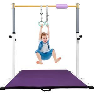 Adjustable Gymnastics Bar for Kids with Mat - Sturdy Kip Bar with Rings, Horizontal Bar for Home Training, 3'-5' Height, Ages 3-15, 250 LBS Capacity, Easy Assembly. (White)
