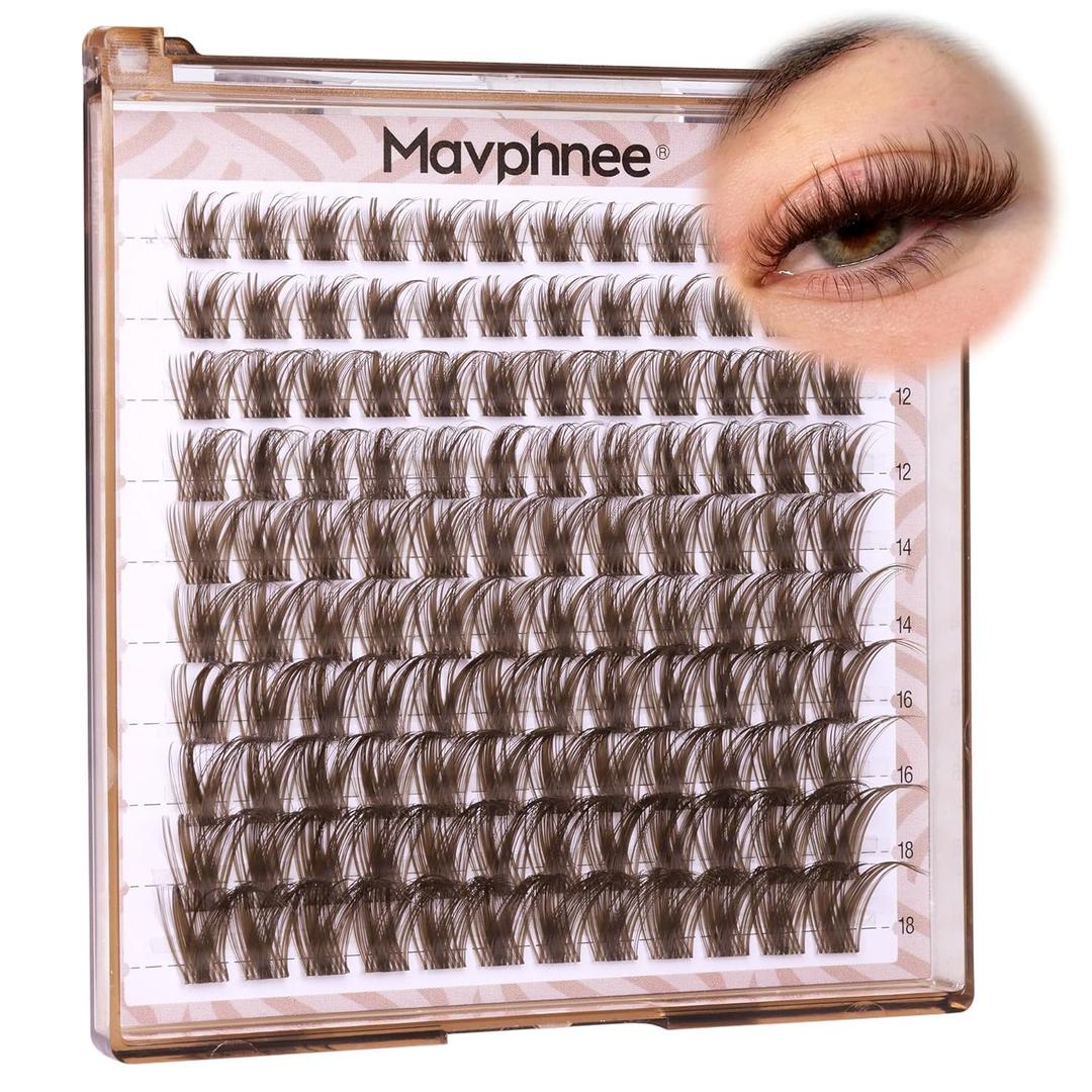 Mavphnee Brown Lash Clusters Kit Natural Eyelash Extension Kit Gently Fluffy Lashes Extensions CCurly Dark Brown Cluster Lashes with Lash Bond and Seal Clear and Tweezers Daily DIY Lash Kit (154PCS, 816MM)