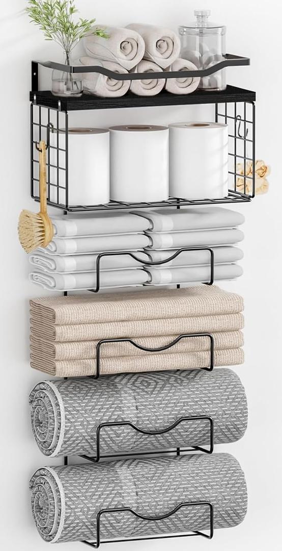 Towel Racks for Bathroom,Towel Rack Wall Mounted, 6 Tier Rolled Or Folded Towel Holder with Floating Shelves, Bathroom Towel Holder for Bath, Hand Towels,Metal and Wood,Full Black
