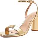 Athlefit Chunky Heels for Women Block Heeled Sandals Square Toe Ankle Strap Fashion High Heels for Prom (9.5, Gold)