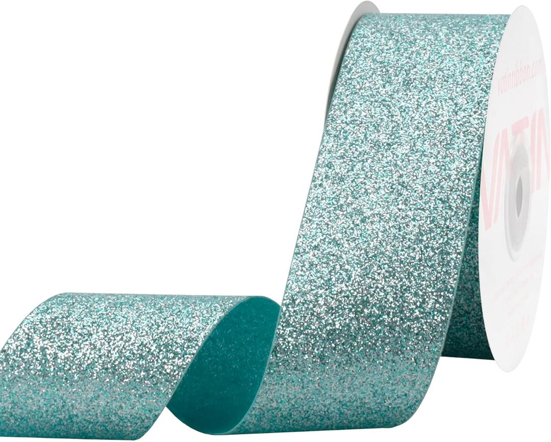 VATIN Light Blue Continues Glitter Ribbon - 1-1/2 Inch x 25 Yards for Gift Wrapping, Crafts, Christmas Tree, Ornaments, and Home Decor - Light Blue Cut Edge Christmas Ribbon