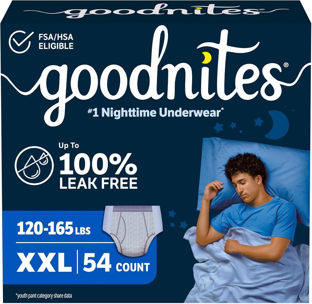 Goodnites Boys' Nighttime Underwear, Size XXL (120-165 lbs), 54 Ct