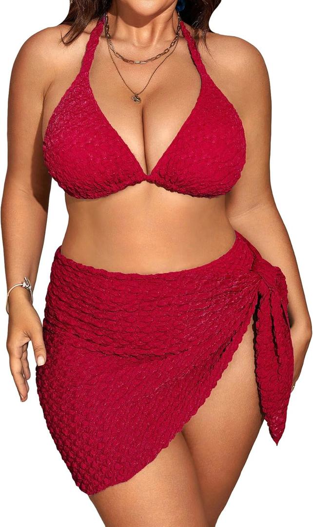MakeMeChic Women's Plus Size 3 Piece Bikini Sets Tie Backless Halter Triangle Swimsuit Bathing Suit Cover Up Beach Skirts (XX-Large Plus, Red)
