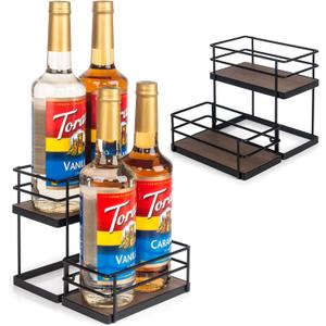 4 Bottle Capacity Coffee Syrup Organizer 2 Tier Coffee Syrup Stand Shelf for Coffee Bar Kitchen Small Wine Rack for Bar Family Storage for Syrup Wine Dressing