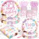 120PCS Two Sweet Birthday Party Supplies Two Sweet Donut Ice Cream Decorations for Baby Girl 2nd Second Birthday Tableware Set Plates Napkins Cups Set for 20 Guests