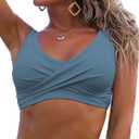 Fanuerg Women's Twist Front Bikini Top V Neck Push Up Padded Swimsuit Top Bathing Suits (Medium, 01- Grey Blue)