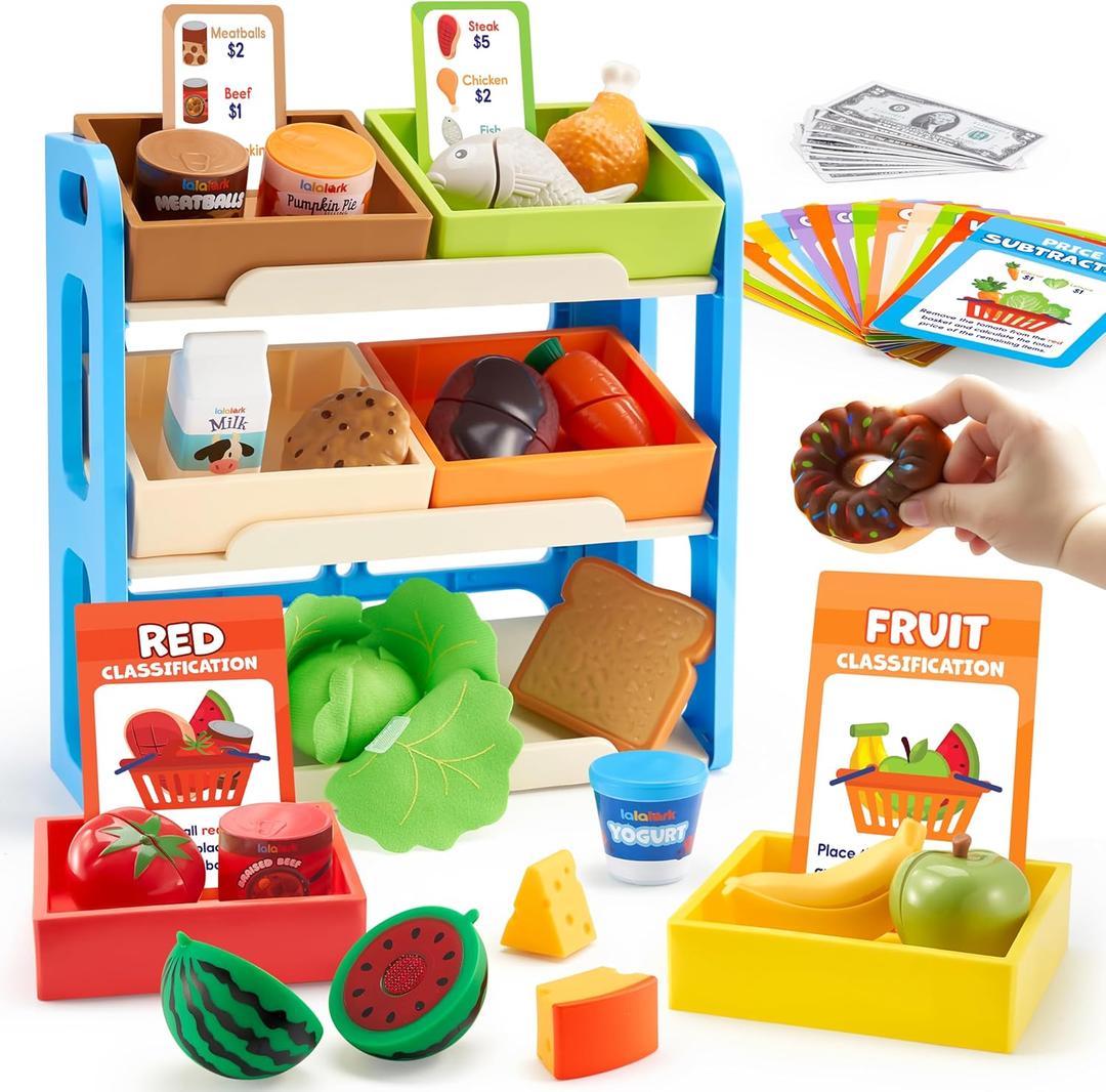 Play Food Sensory Toys for Toddlers and Color Sorting Toy, 60+ Pieces Food Group Learning Set with Shelves & 6 Boxes, Pretend Grocery Store Playset Play Groceries Toy, Birthday Gifts for Boys Girls