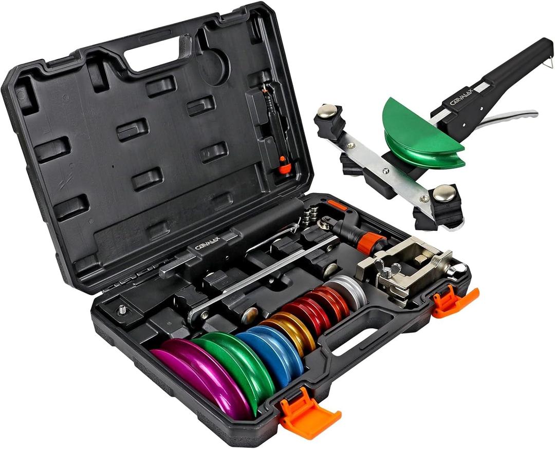 Pipe Tube Bender Set, for 1/4 to 7/8 O.D, 90 Ratcheting Tubing Bender Kit with Reverse Bending Adapters and 7 Multi-Color Aluminum Heads, for HVAC Air Condition Hydraulic Work