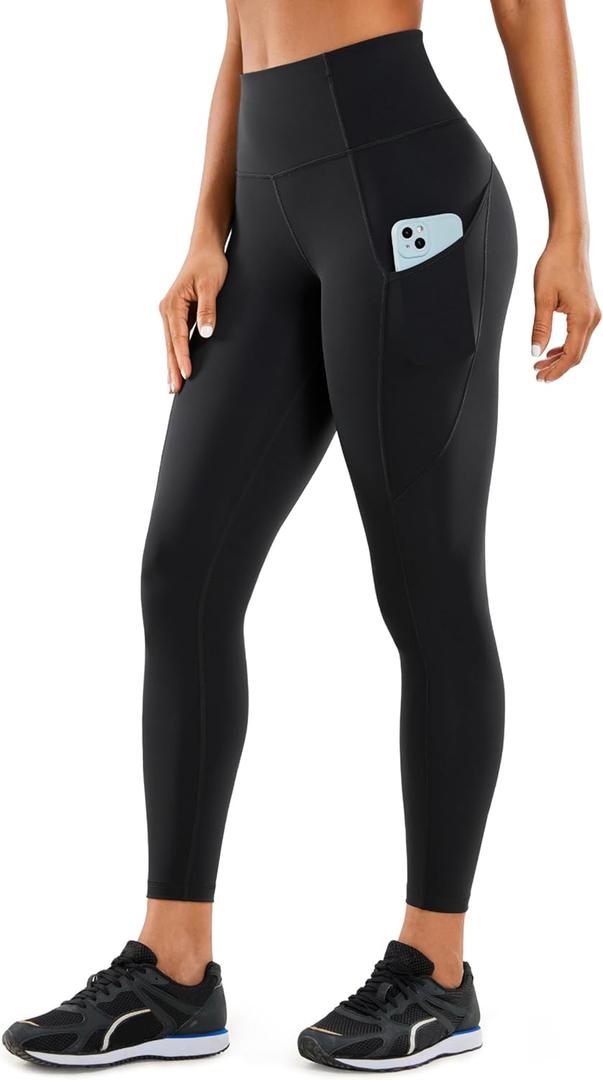 CRZ YOGA Women's Naked Feeling Workout Leggings 25 Inches - High Waisted Yoga Pants with Side Pockets Running Tights (Large, Black)