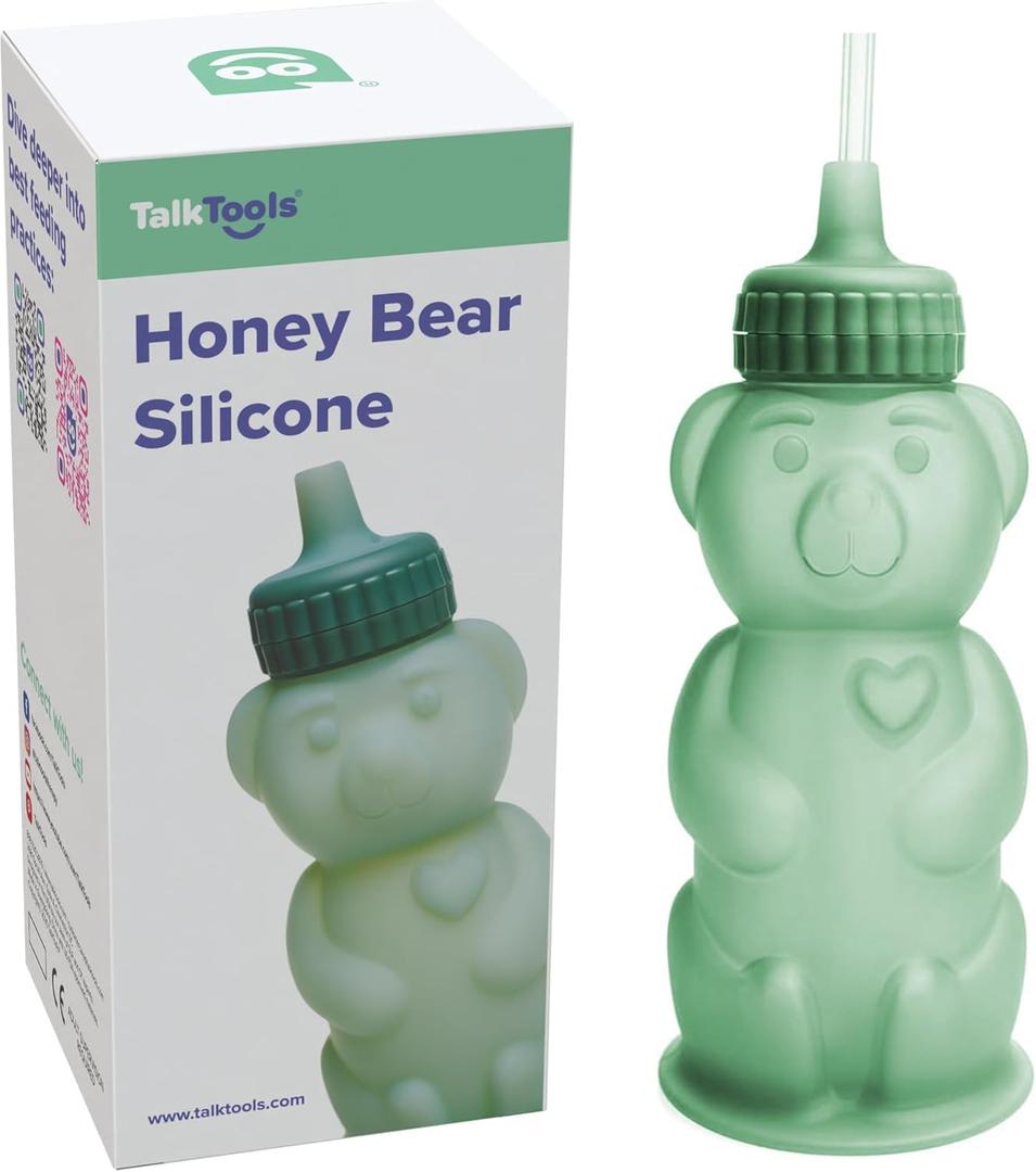 TalkTools Honey Bear Silicone Straw Cup, Dishwasher Safe Baby Drinking Bottle, Premium Food-Grade Material, Honeybear Sippy Cup for Ages 4+ Months, Kids and Toddlers (Single 8oz) (Sage)