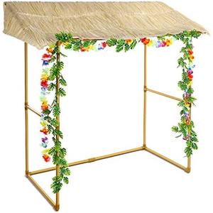 Jexine Tiki Bar Hut Tropical Tabletop Hut with 2 Pcs Decorative Artificial Monstera Tropical Garland Fake Jungle Hanging Plants for Summer Hawaiian Luau Beach Pool Party Decorations