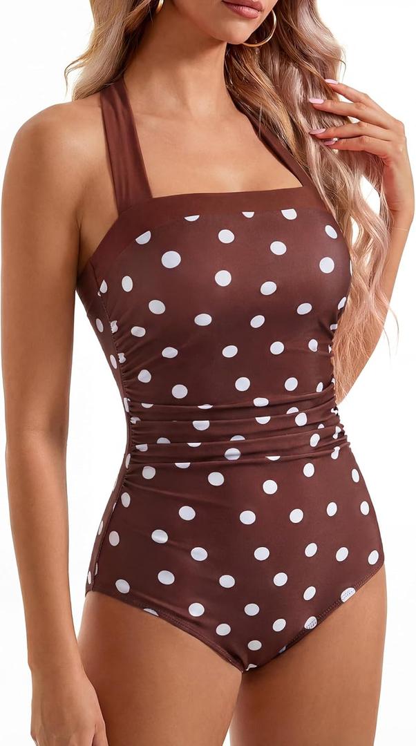 SUUKSESS Women Sexy Tummy Control One Piece Swimsuit Halter Retro Bathing Suit (Small, 68 Deep Brown White Polka Dots)