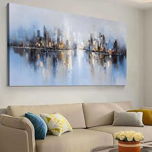 Tarfupth Large Abstract Cityscape Wall Art for Living Room Modern Blue Picture Grey Artwork for Bedroom Office Home Office Canvas Prints 29"x58"