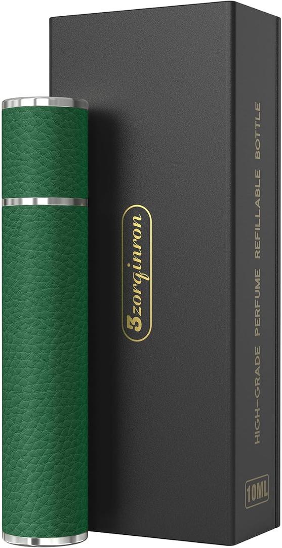 Perfume Travel Refillable Bottle, 10ML Genuine Leather Atomizer Sprayer for Perfume - Portable Mini Cologne Sprayer for Woman Man - Travel Essential Fragrance Spray Bottle (Green)