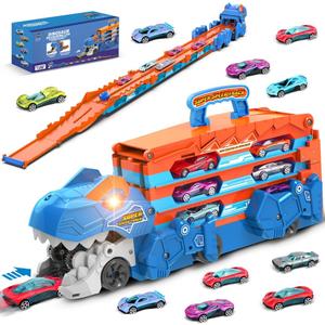 Dinosaur Transport Truck Toy for Kids - 3 in 1 Ejection Folding Track Toys w/Sound 8 Race Cars, Portable Vehicles Set Best Gift for Boys Girls 3 4 5 6 Years Old - Possesses Invention Patents (Blue)