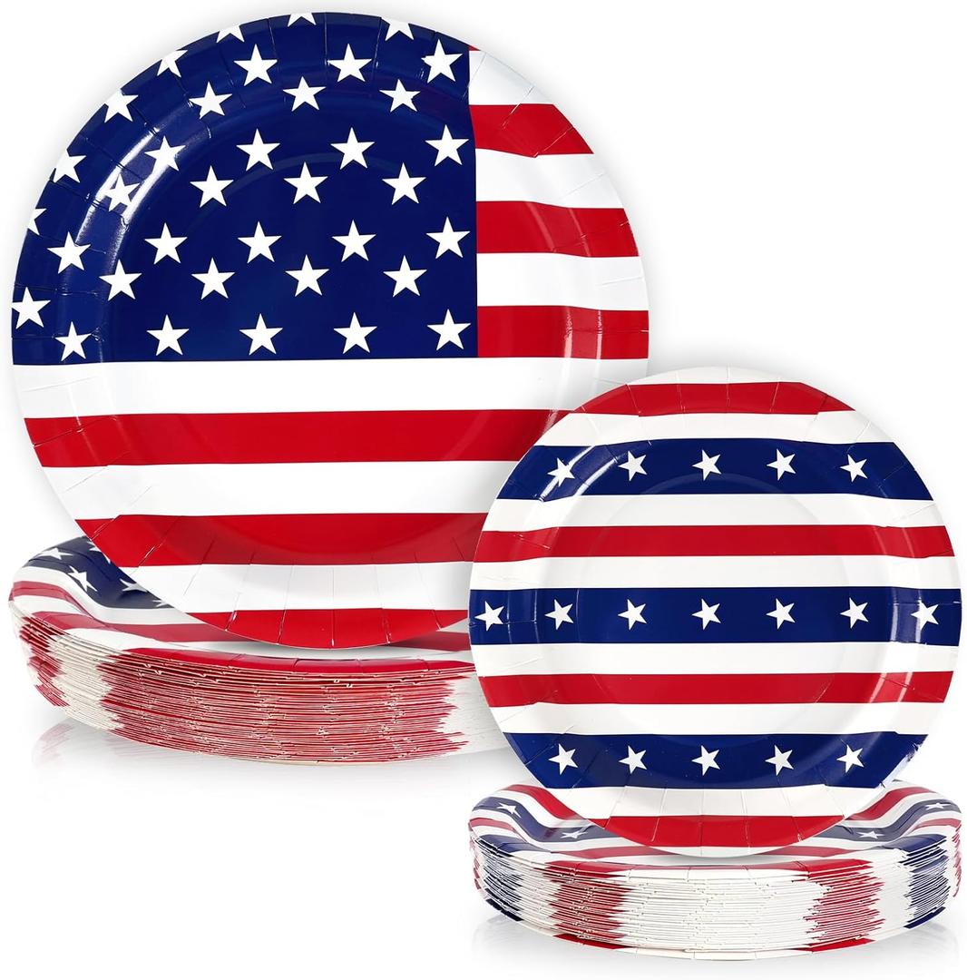 50 Pcs American Flag Patriotic Party Supplies, Red White and Blue Paper Plates, 7" & 9" Disposable Dinner Dessert Tableware Set for Veterans Election Day 4th of July Independence Day Decorations
