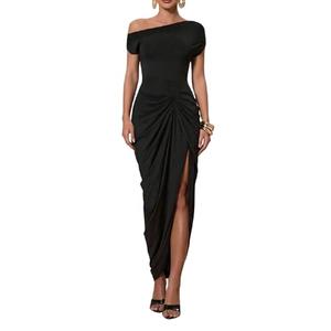 Floerns Women's Elegant Long Dress Asymmetrical Off Shoulder Ruched Slit Bodycon Cocktail Dresses Black Medium