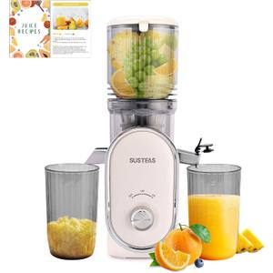 SUSTEAS Cold Press Juicer, 5.3" Feed Chute Slow Masticating Machines with 300W, Fit Whole Fruits & Vegetables, High Juice Yield, Easy to Clean, White