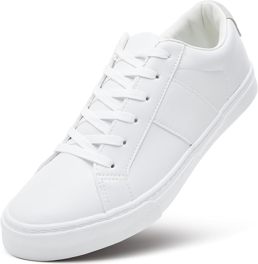 ZGR Men's Synthetic Leather White Sneakers,Low Top White Tennis Shoes,Lace up Casual Shoes, White, Size 13