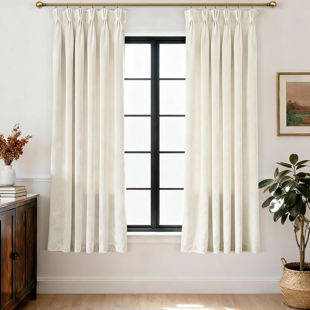 Triple Pinch Pleated Beige White Velvet Curtains 63 inches Long Living Room Darkening Thermal Insulated Luxury Modern Elegant Pinch Pleat Drapes Heavy Thick Ivory Velvet Curtain for Bedroom Girls