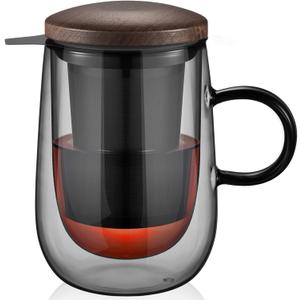 glastal Tea Infuser Mug 14.5oz Glass Tea Cup with Removable Stainless Steel Infuser and Lid, Double-walled Black Glass Tea Cup Teacup for Loose Leaf Tea, Birthday for Parents Dad Mum Friends Office (Type 2 Black)