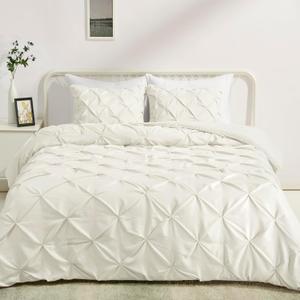 Amazon Basics Warm, Breathable Down-Alternative Comforter Set, 3-Piece Bedding with Pinch Pleat Design and Piped Edges, Soft, Full/Queen Size, Cream