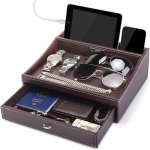 Baoyun Fathers Day Nightstand Organizer for Men, Mens Jewelry Box, Mens Dresser Organizer Countertop, Large Capacity Leather Valet Tray for Phones Pad Wallet Key Birthday Gifts for Men