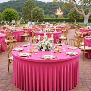 Outpain 6 Pack Spandex Hot Pink Round Tablecloths for 60in Tables, 120Inch Stretchy Fitted 5FT Round Table Clothes,Wrinkle Free Table Cover with Skirt for Wedding Party Dining Banquet