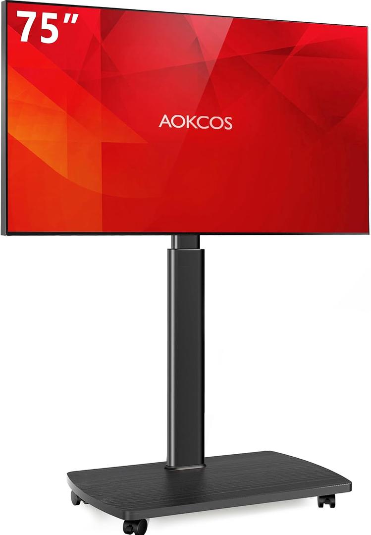 AOKCOS Rolling TV Stand for 43 50 55 60 65 70 75 Inch TVs, Portable Mobile TV Stand on Wheels, 10-Level Height Adjustable TV Cart with Swivel & Tilt Mount for Bedroom/Living Room/Office/Corner