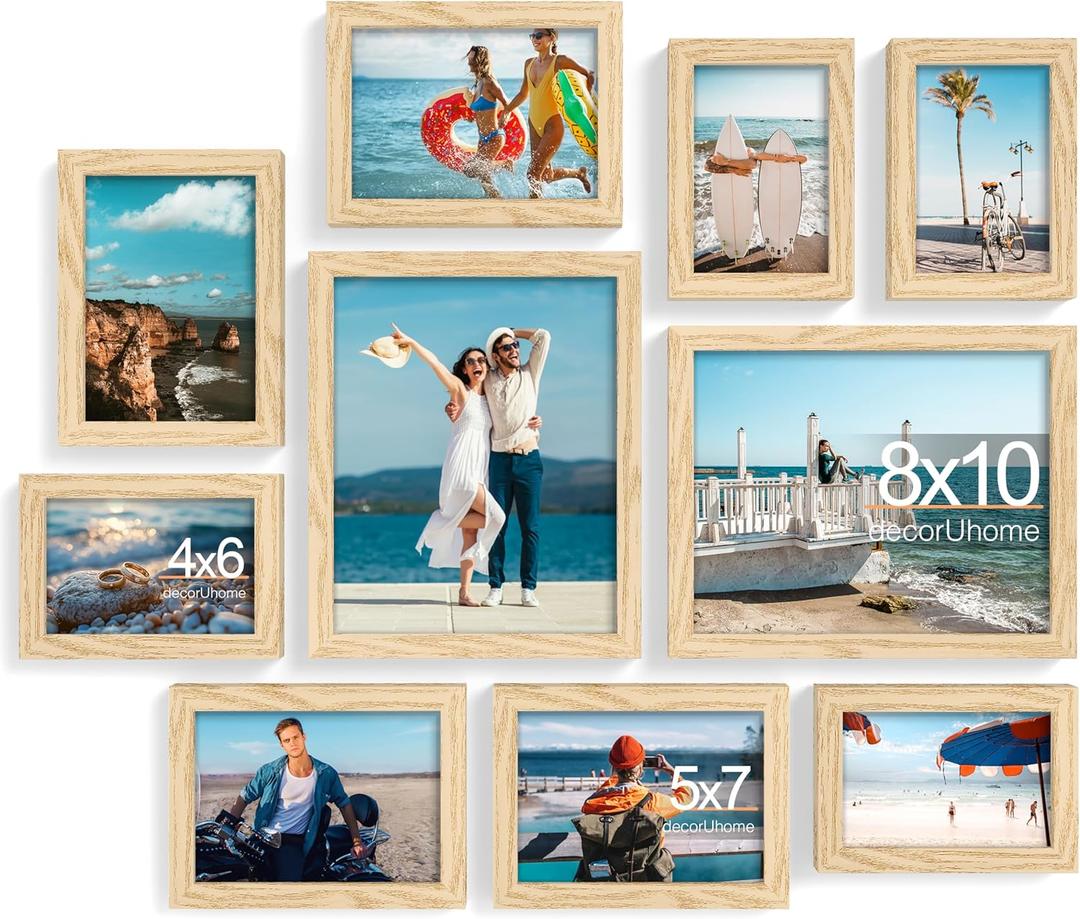 decorUhome Picture Frames Collage Wall Decor for Photo Gallery Display, Assorted Picture Frames set of 10 Including Two 8x10 / Four 5x7 / Four 4x6 for Family Wall Decor, Natural, 10 Pack