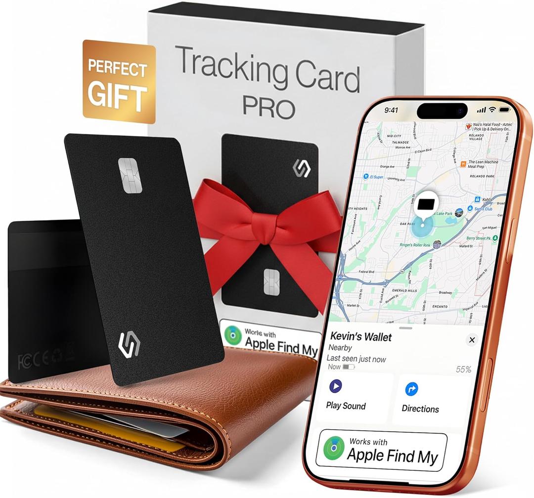 SPOTMINDERS Mens Valentines Day Gifts for Him Apple MFi Certified Credit Card Wallet Tracker PRO (iOS Only) 0.07in Works with Apple Find My Rechargeable Tracking Card IP68 Slim Passport Item Finder (Black PRO (Pack of 1))