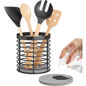 Utensil holder - Large Round Utensils Holder with Diatomaceous Base Matte Black Cooking Utensil Holder,Kitchen countertop Utensil Organizer (Metal)