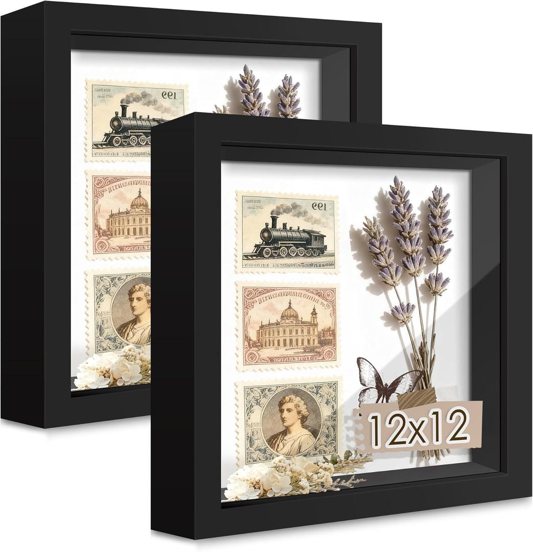 Picrit Shadow Box Frame 12x12 Set of 2, Display Case Box with High Definition Real Glass and Black Back for Memorabilia, Baby Items, Wedding Memories, Crafts, Tickets and Photos, Black