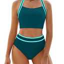BMJL Women's High Waisted Bikini Sets Two Piece Swimsuits Sporty Tummy Control Bathing Suit Color Block Swim Suit (Large, Blue)