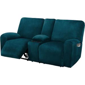 Ultimate Decor Reclining Love Seat with Middle Console Slipcover, 8-Piece Velvet Stretch Loveseat Reclining Sofa Covers, 2 seat Love seat Recliner Cover, Thick, Soft, Washable, (Deep Teal)
