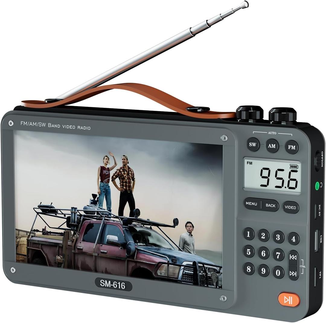 720P 7Inch Screen AM FM Movie Video Radio with Bluetooth Speaker, Rechargeable Digital Shortwave MP3 MP4 Player Radio, Support USB/Micro SD Card, Loud Speaker and Headphone Jack (NO TV)