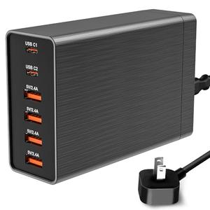 Multi USB Charger Block RISWOJOR, 40W Flat Plug 6 Port Charging Station With Auto Detect, USB Multiport Charger With Type-C 3A For Smartphone Tablet And Multiple Devices