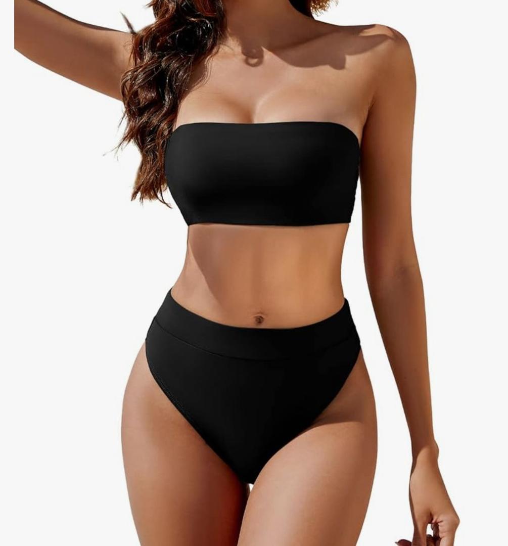YACUN Women's High Waisted Bikini Swimsuit Two Piece Strapless Bandeau Cheeky Bathing Black L YACUN Women's High Waisted Bikini Swimsuit Two Piece Strapless Bandeau Cheeky Bathing Black L