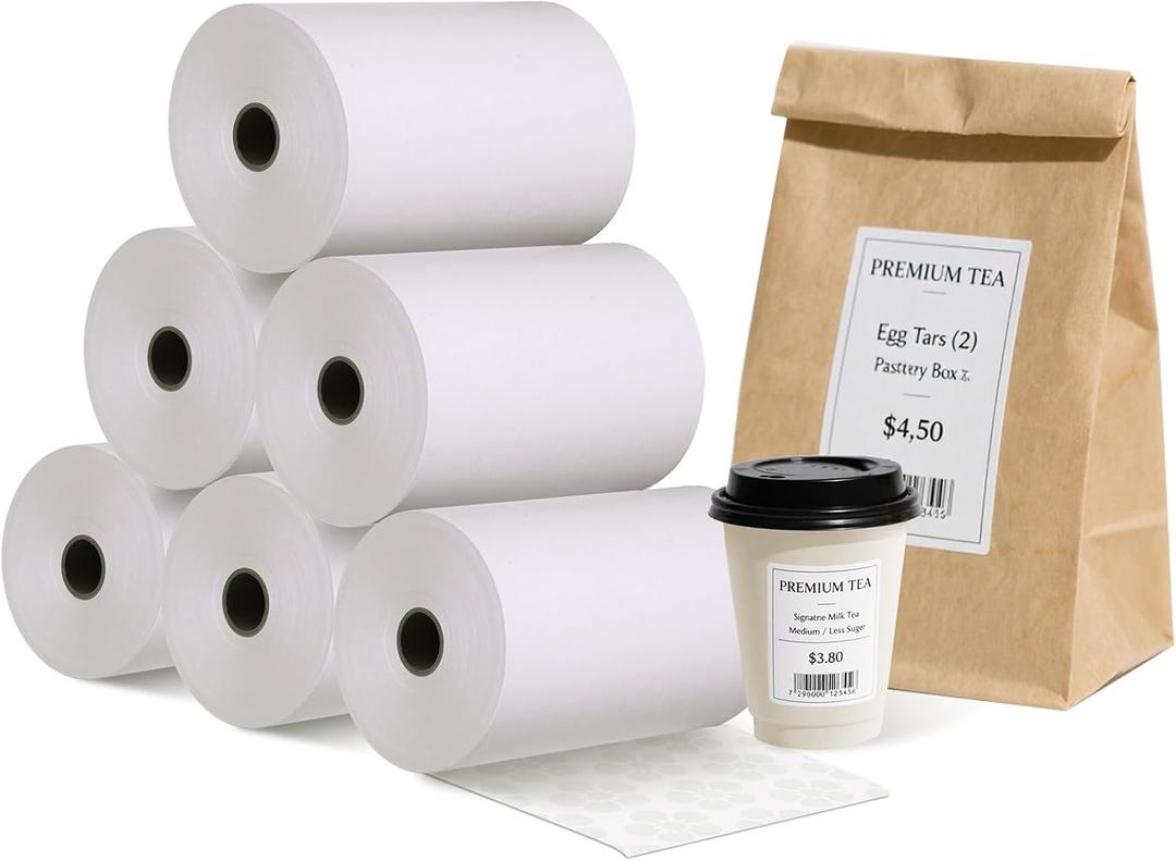Sticky Thermal Receipt Paper 3 1/8" x 170' | 6 Rolls Linerless Wrinkle-Free Adhesive | For TOAST POS, Epson TM-L90, Kitchen Order, Delivery & Shipping Labels | Residue-Free
